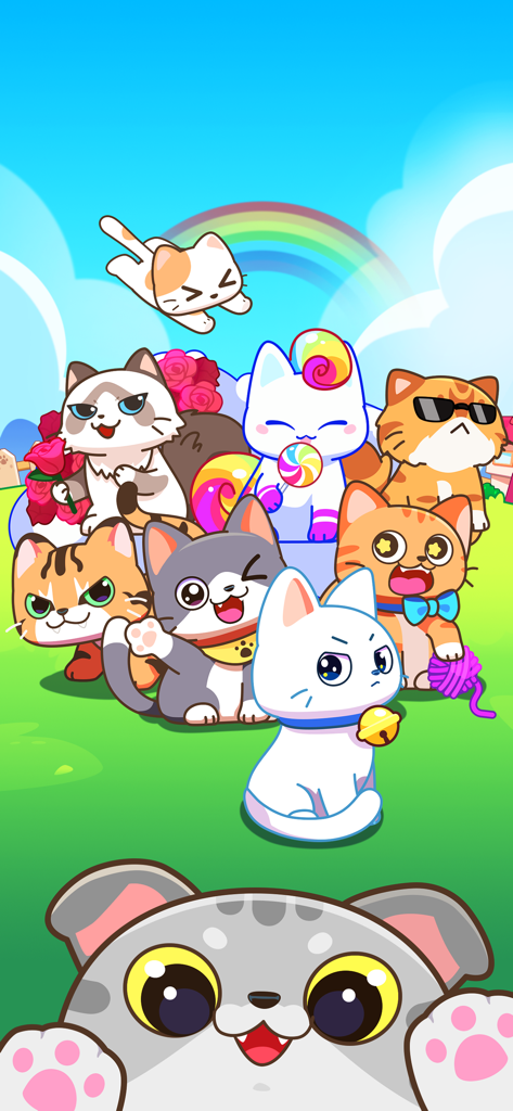 Cat Games for kids - Un grupo de gatos de dibujos animados de colores en un campo verde con un fondo de arcoíris