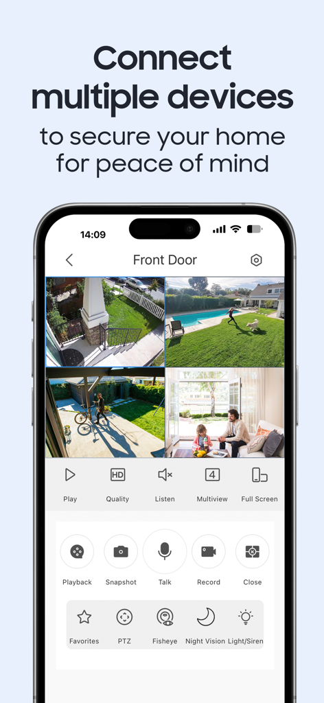 Amcrest View Pro 2 - Amcrest View Pro 2 mobile app interface showing a multiview grid of four security camera feeds for home monitoring.