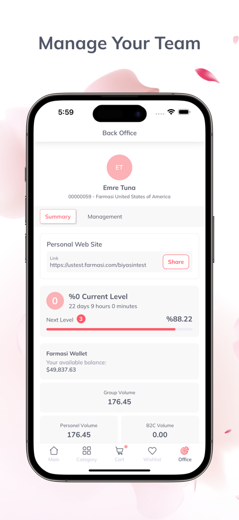 Mobile dashboard of the Farmasi International app showing business management tools including wallet balance and sales volume
