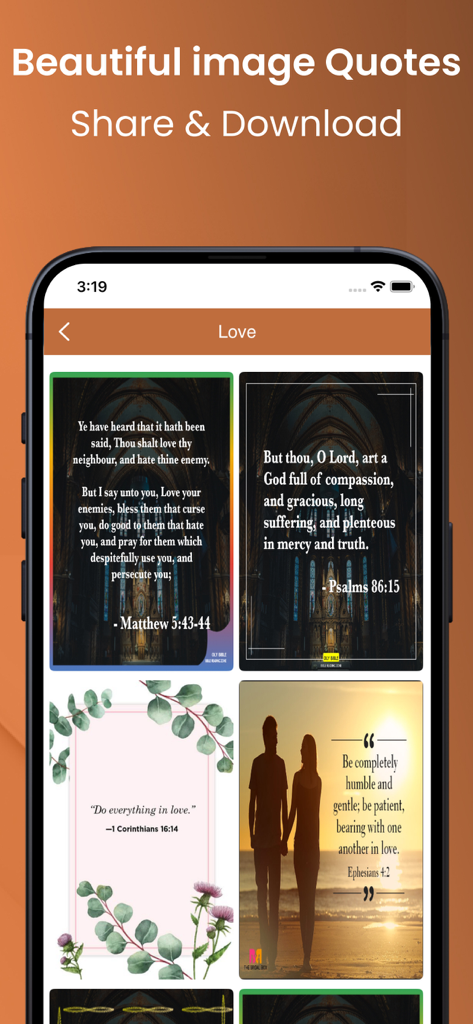 La Santa Biblia Católica. - Mobile app screen showing a collection of inspirational Bible verse image quotes available for sharing and download.