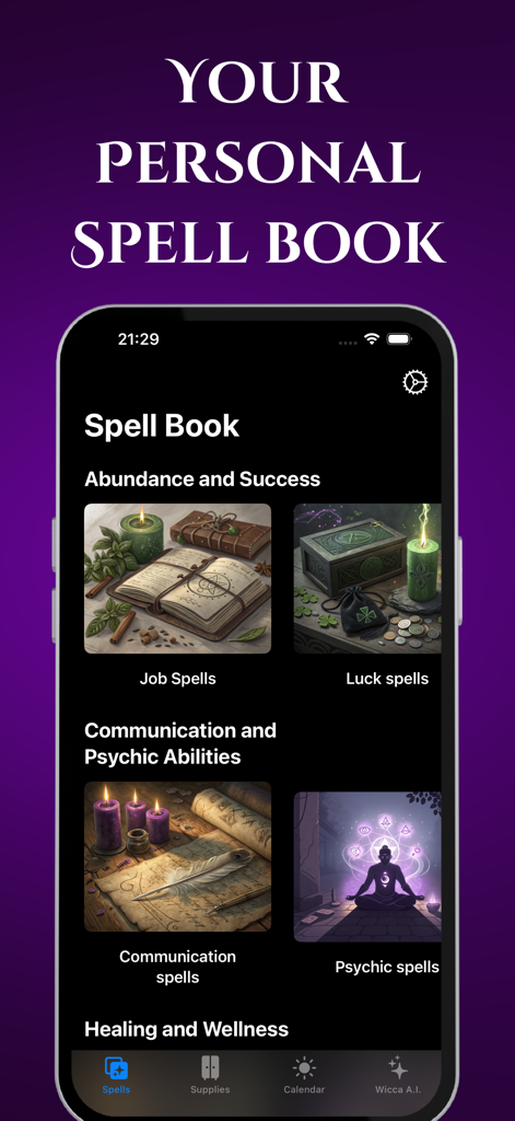 Wicca・Witchcraft Witch Spells - A mobile app interface displaying a digital spell book with categories for abundance, communication, and psychic abilities.