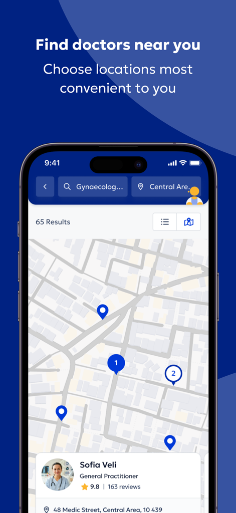Doctoranytime - Map view showing pins for available doctors and medical professionals in a specific area