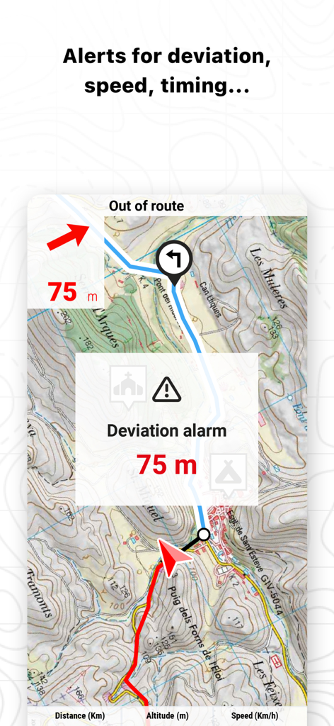 TwoNav 6: Routes and Maps - TwoNav 6 navigation screen showing a route deviation alarm on a detailed topographic map