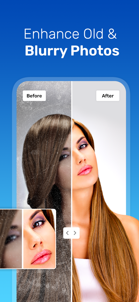 AI Enhancer -AI Photo Enhancer - A side-by-side comparison showing an old blurry photo restored to a sharp high-definition portrait using the AI Enhancer app.
