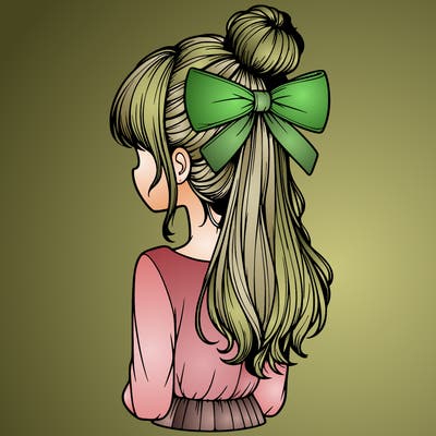 realistic girl  with hip length hair a bun and a big bow on the back of head
