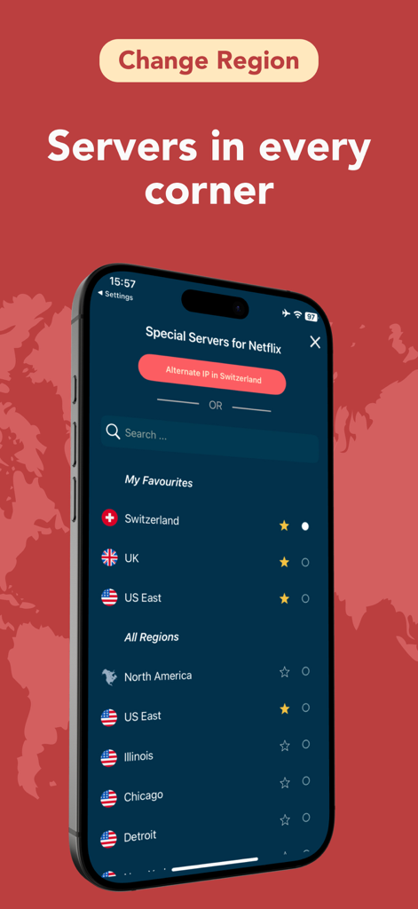 Swiss VPN Free : Fast & Secure - Swiss VPN app interface showing a list of international server locations including Switzerland UK and USA