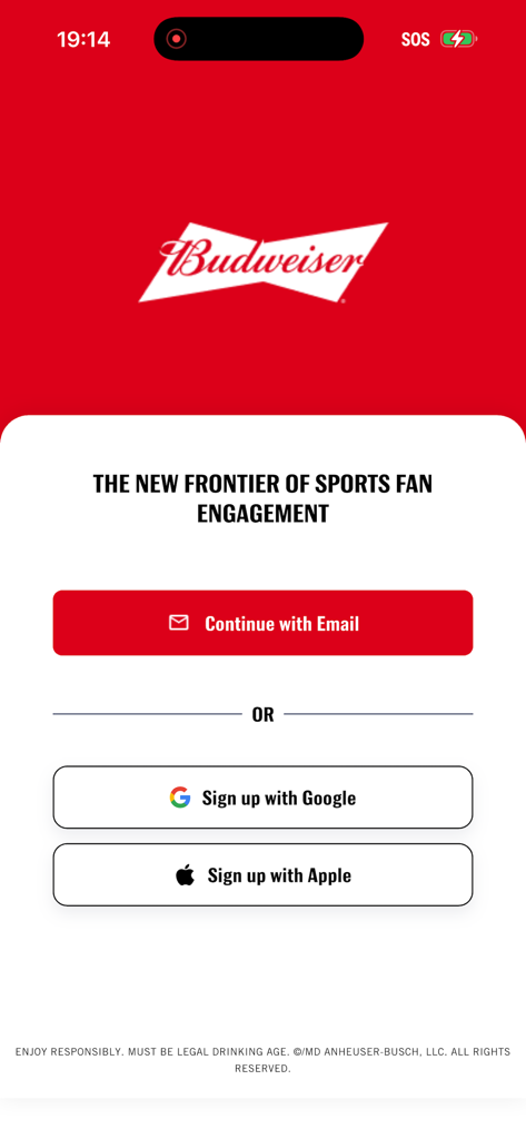 Budweiser Sports App - Budweiser Sports App welcome screen with sign in options for email Google and Apple