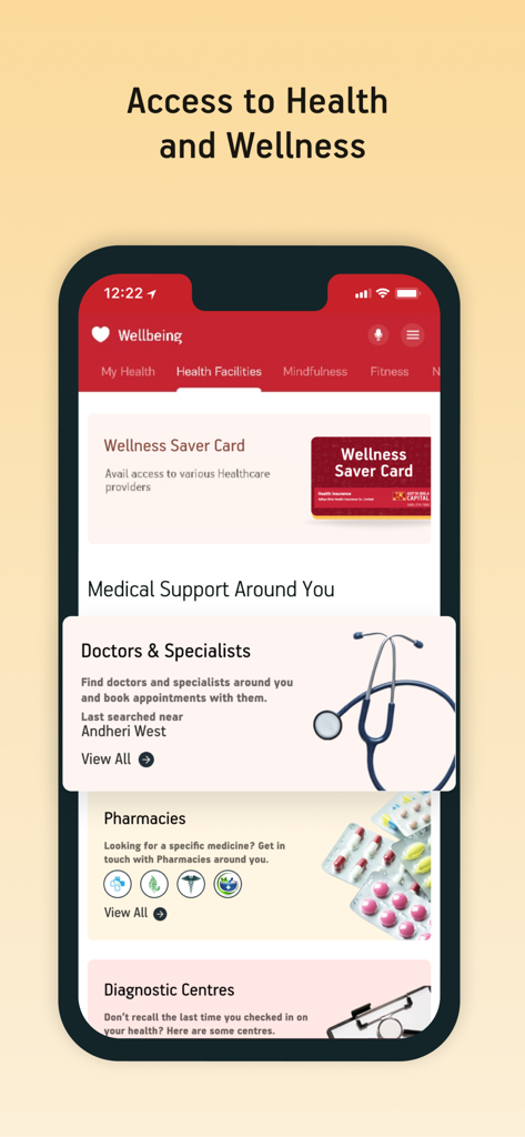 Activ Health app interface showing healthcare facilities like doctors and pharmacies