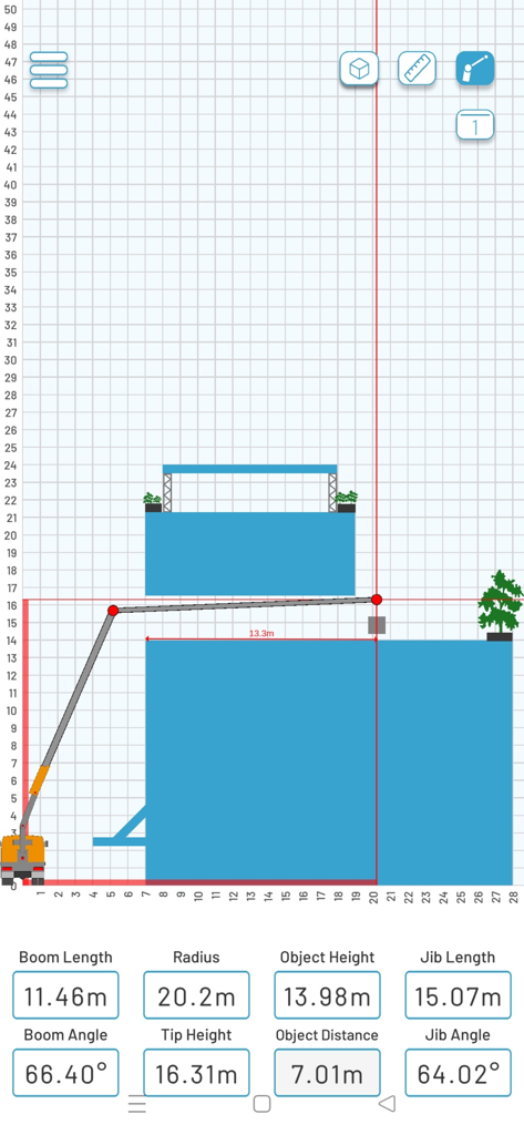 Crangle - Digital crane range chart simulation in the Crangle app showing lift planning with boom and jib metrics