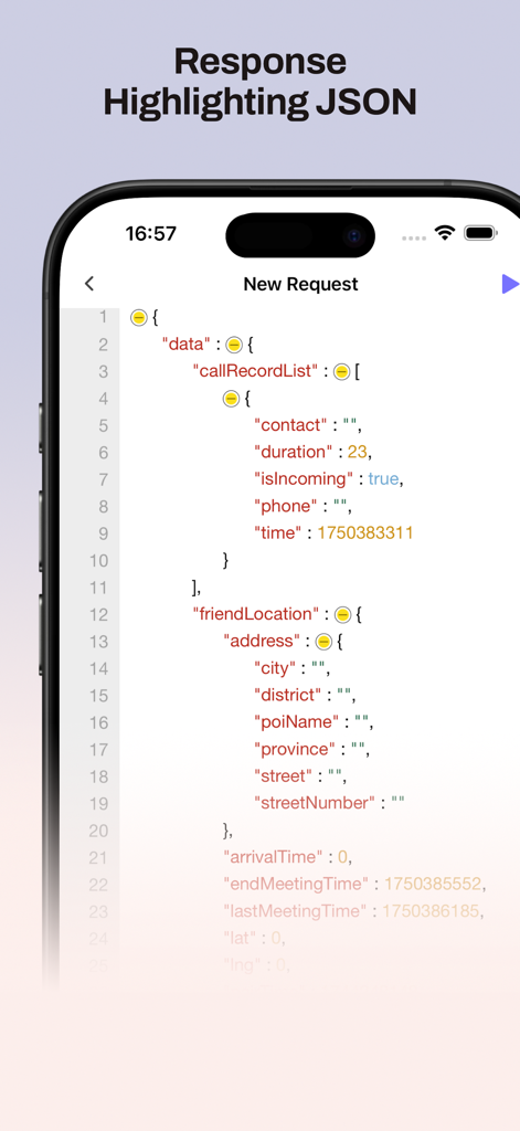 超级指令 - 快捷指令库&API调试工具 - SuperFinger app interface showing JSON syntax highlighting for API debugging.