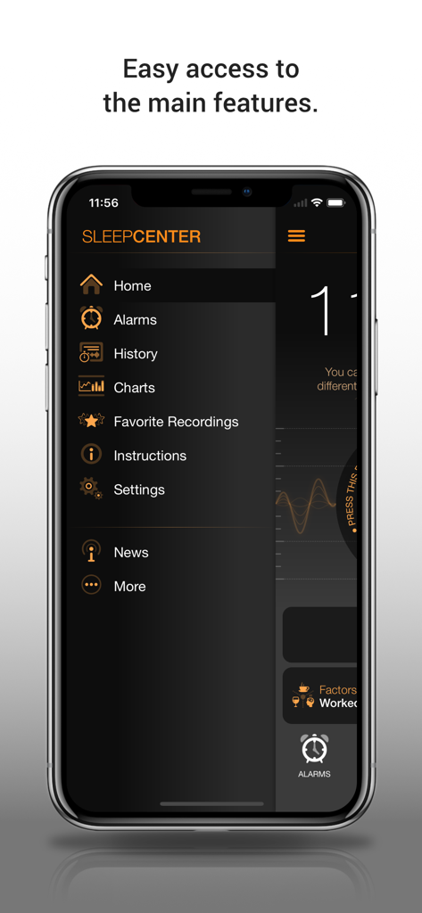 Side navigation menu of the Sleep Tracker app showing features like Alarms, History, and Charts.