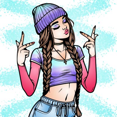 realistic teenage girl with braids and a beanie and crop top doing 🫶🏼