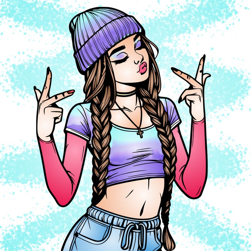realistic teenage girl with braids and a beanie and crop top doing 🫶🏼