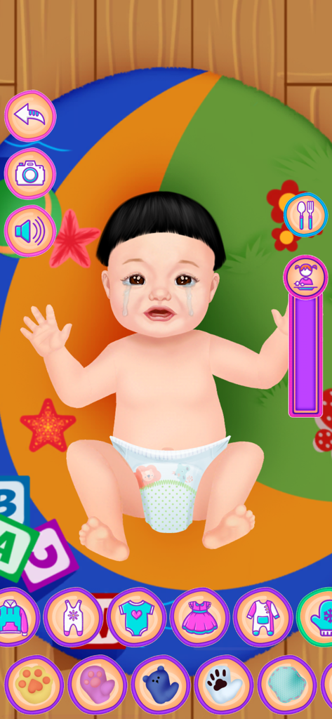 Baby Dress Up & Daycare Game 2 - A crying baby doll in a diaper within the Baby Dress Up and Daycare Game 2 mobile interface