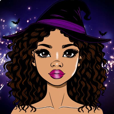 realistic black girl with wavy hair and witch hat and nose and lips