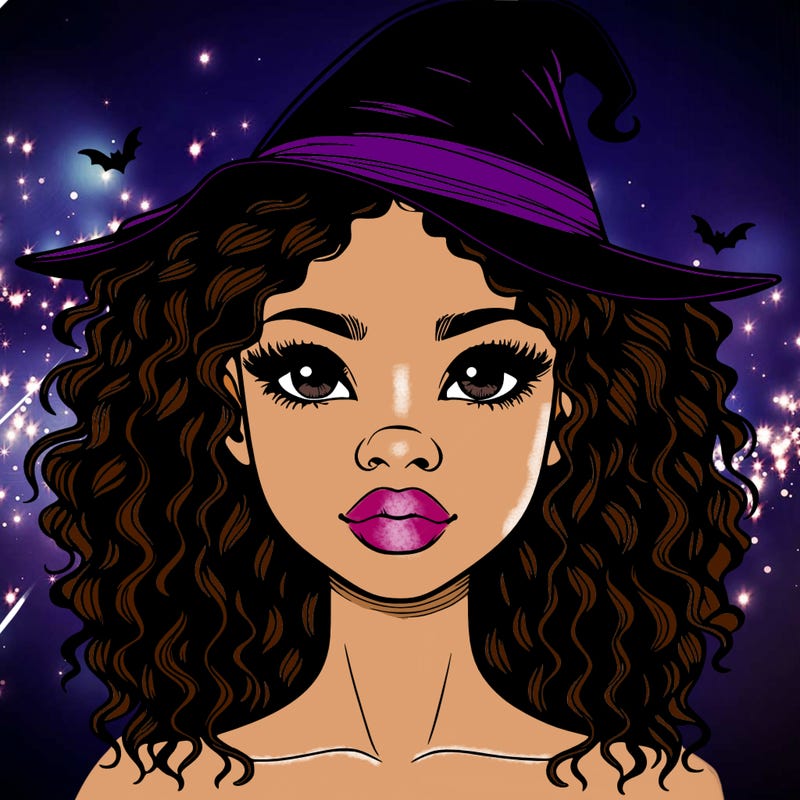 realistic black girl with wavy hair and witch hat and nose and lips