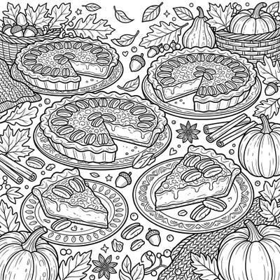 Capture the warmth and deliciousness of autumn with this delightful pecan pie coloring page. Surrounded by falling leaves, plump pumpkins, and cozy harvest decor, it's perfect for a relaxing fall activity.