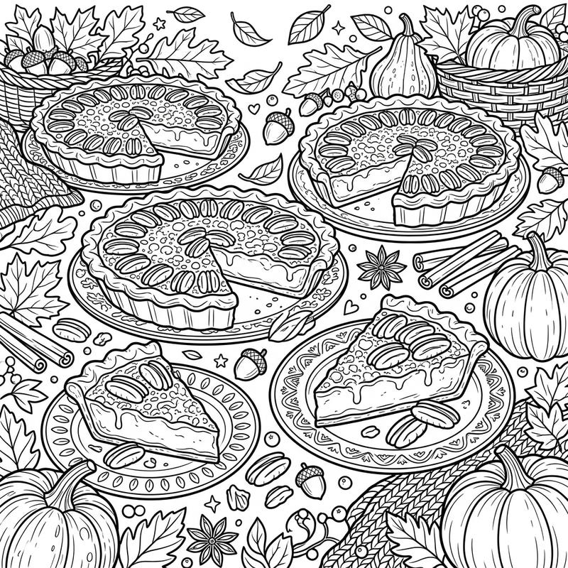 Capture the warmth and deliciousness of autumn with this delightful pecan pie coloring page. Surrounded by falling leaves, plump pumpkins, and cozy harvest decor, it's perfect for a relaxing fall activity.