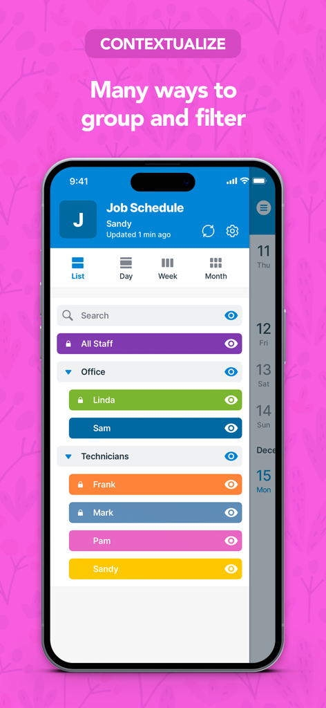 Teamup Calendar mobile app interface showing a job schedule organized into groups and filtered by specific team members.