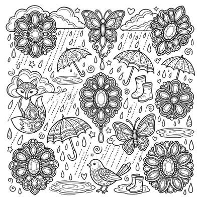 Escape into a world of sparkling gems and gentle rain with this captivating coloring page, perfect for teens. Discover intricate brooches, charming umbrellas, and whimsical creatures awaiting your personal touch.