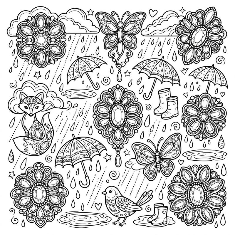 Escape into a world of sparkling gems and gentle rain with this captivating coloring page, perfect for teens. Discover intricate brooches, charming umbrellas, and whimsical creatures awaiting your personal touch.