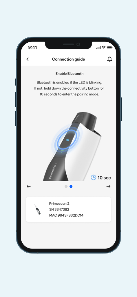 DS Core Link - DS Core Link app connection guide showing how to pair a Primescan 2 device via Bluetooth