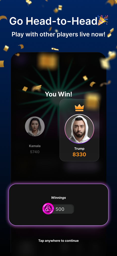 Pantalla de victoria cara a cara de la aplicación Plutus que muestra las puntuaciones de los jugadores y las ganancias del juego