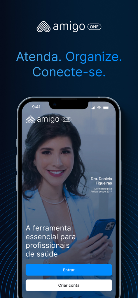 Amigo One - Amigo One mobile app home screen for healthcare professionals featuring a female doctor