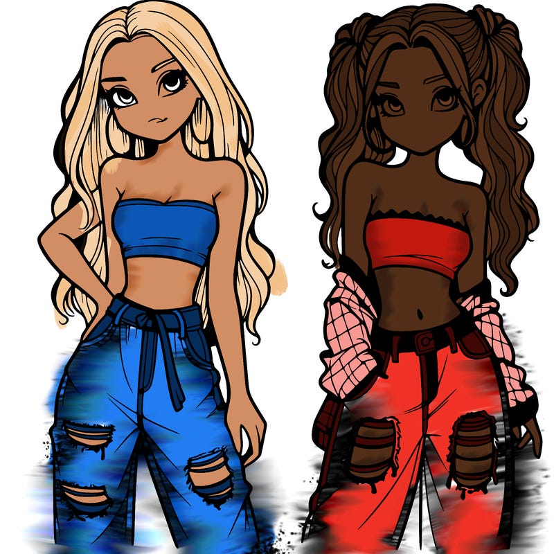 2 girls in crop tops and baggy jeans ripped