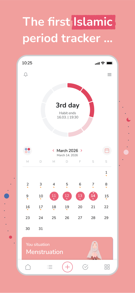 Waliya app interface showing an Islamic period tracker calendar with menstruation cycle data