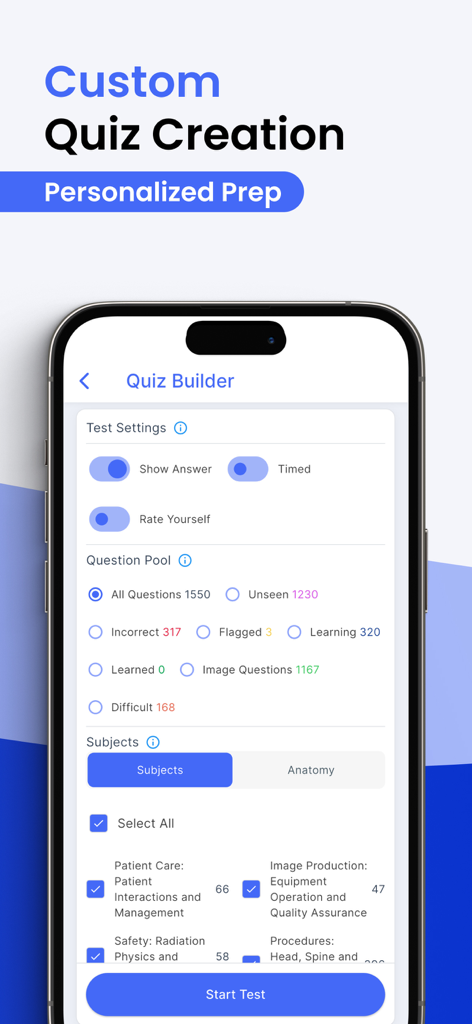 Prepry - Radiography Exam Prep - Prepry app quiz builder interface showing customizable radiography test settings and question pools