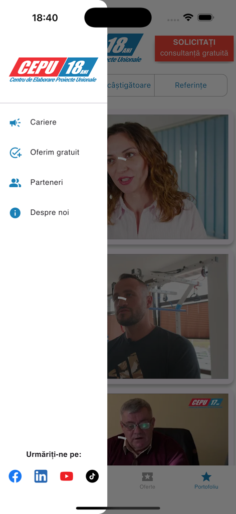 Side menu of the Fonduri UE mobile app with navigation options and social media links