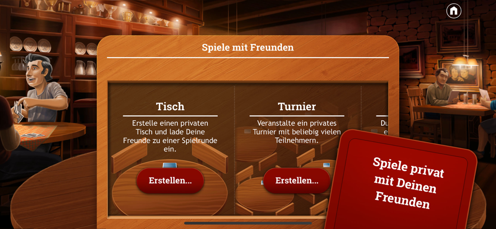 Skat - Pantalla de la aplicación Skat que muestra opciones para jugar con amigos en mesas privadas o en torneos.