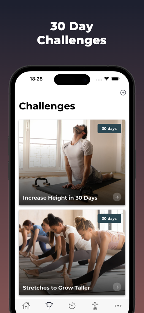 Increase Height Workout - 身長を伸ばすワークアウトアプリのインターフェイス、身長成長とストレッチエクササイズのための30日間のチャレンジを表示