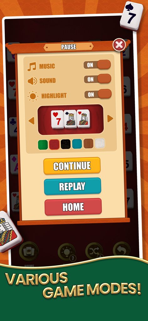 Mahjong Solitaire - Master - Pantalla del menú de pausa de Mahjong Solitaire Master con ajustes del juego y opciones de personalización de fichas.