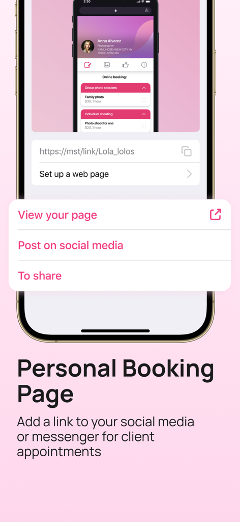 Une interface mobile pour créer et partager un lien de page de réservation personnelle sur les réseaux sociaux afin d'automatiser les rendez-vous clients.