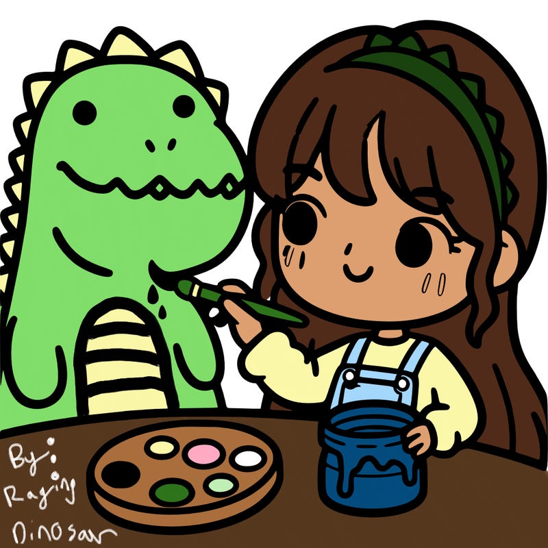 a girl that is painting a dinosaur