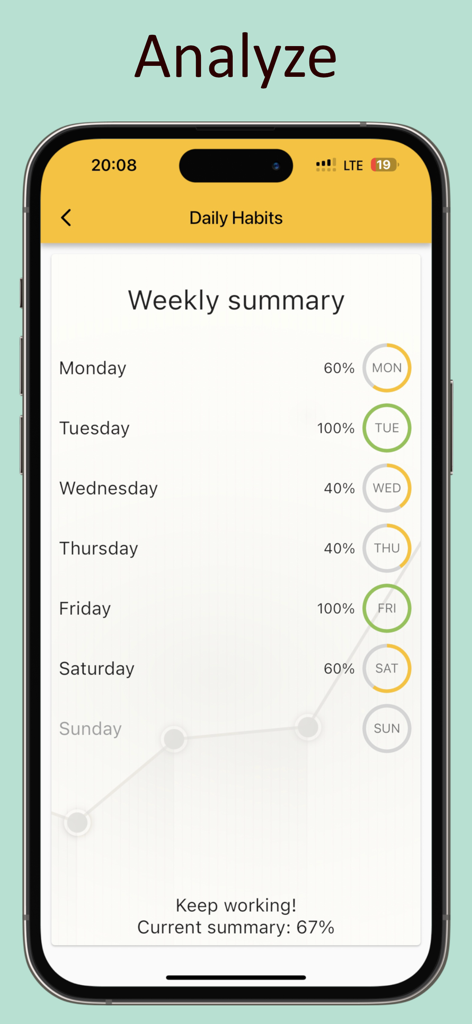 Track daily activity or habits - Una pantalla móvil que muestra un resumen semanal de los porcentajes de finalización de hábitos y un gráfico de progreso.