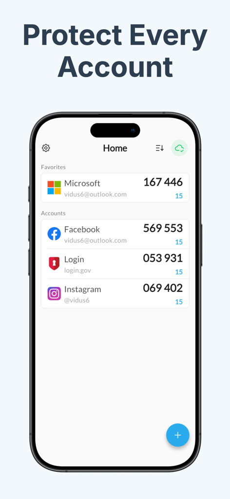 Authenticator - OTP Manager - Iphone screen displaying the Authenticator OTP Manager home page with 2FA verification codes for Microsoft, Facebook, and Instagram accounts.