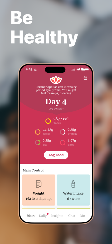 PCOS Tracker App - PCOS Tracker App interface showing a daily health dashboard with calorie and macro tracking cycle status weight and water intake