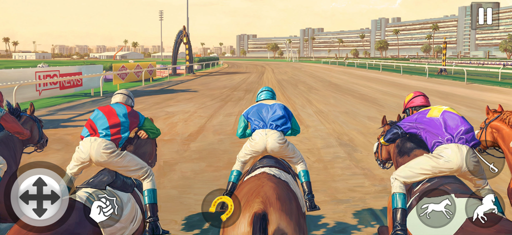 Pony Games Strategy Race - Jockeys racing horses on a dirt track in a mobile game