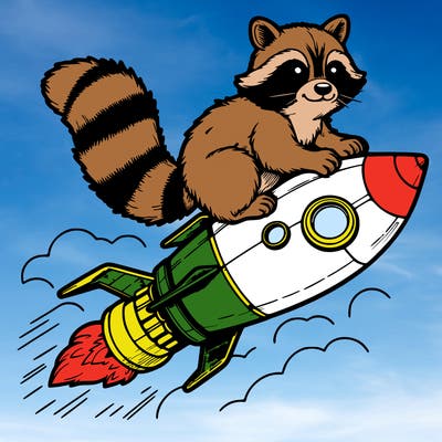 realistic raccoon flying on top rocket ship