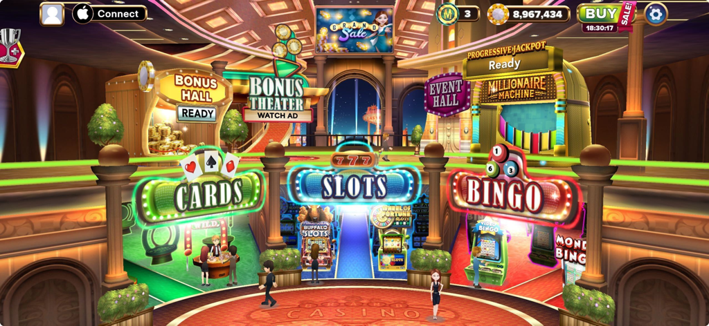 Grand Casino: Slots Games - Main lobby of Grand Casino app showing Cards, Slots, and Bingo game rooms