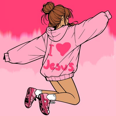 realistic girl jumping with a bun and oversized sweatshirt
