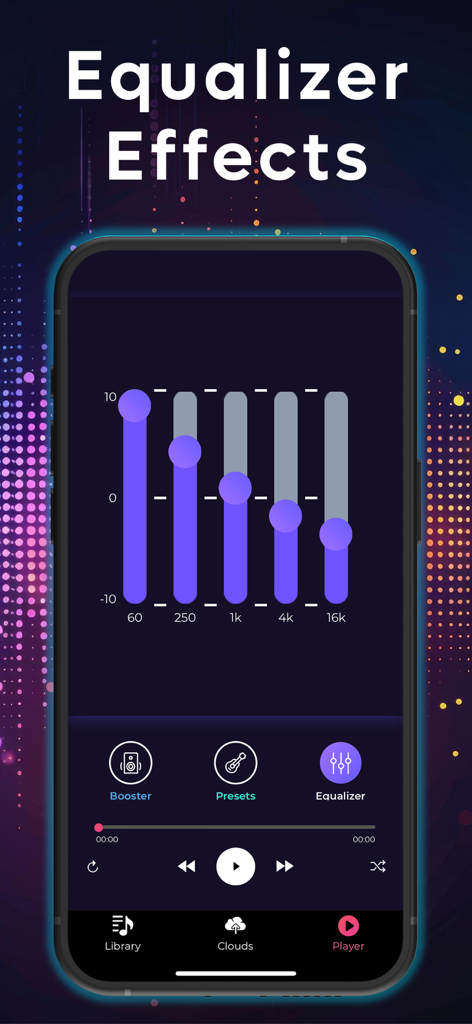 Smartphone screen showing a five-band audio equalizer interface with purple sliders for frequency adjustment and music playback controls.