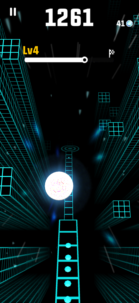 A white glowing ball rolling down a neon blue grid track in a 3D dark city environment.
