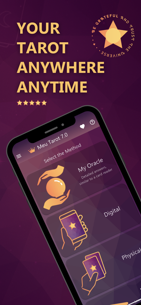 Meu Tarot mobile app screen showing options for digital and physical tarot readings and an oracle mode.