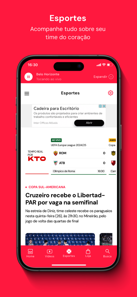 Rádio Itatiaia - Radio Itatiaia mobile app sports screen displaying live soccer scores and regional news headlines