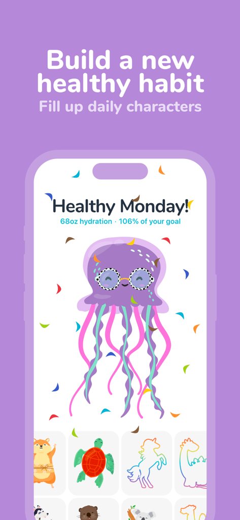 Waterllama app interface showing a cute jellyfish character and daily hydration progress