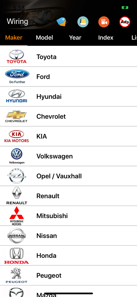 Screen from Carmin app showing a list of car brands including Toyota Ford and Hyundai for selecting wiring diagrams